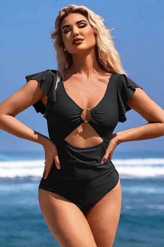 Ruffle O-Ring Cutout One Piece Bathing Suit for Women - Love Salve